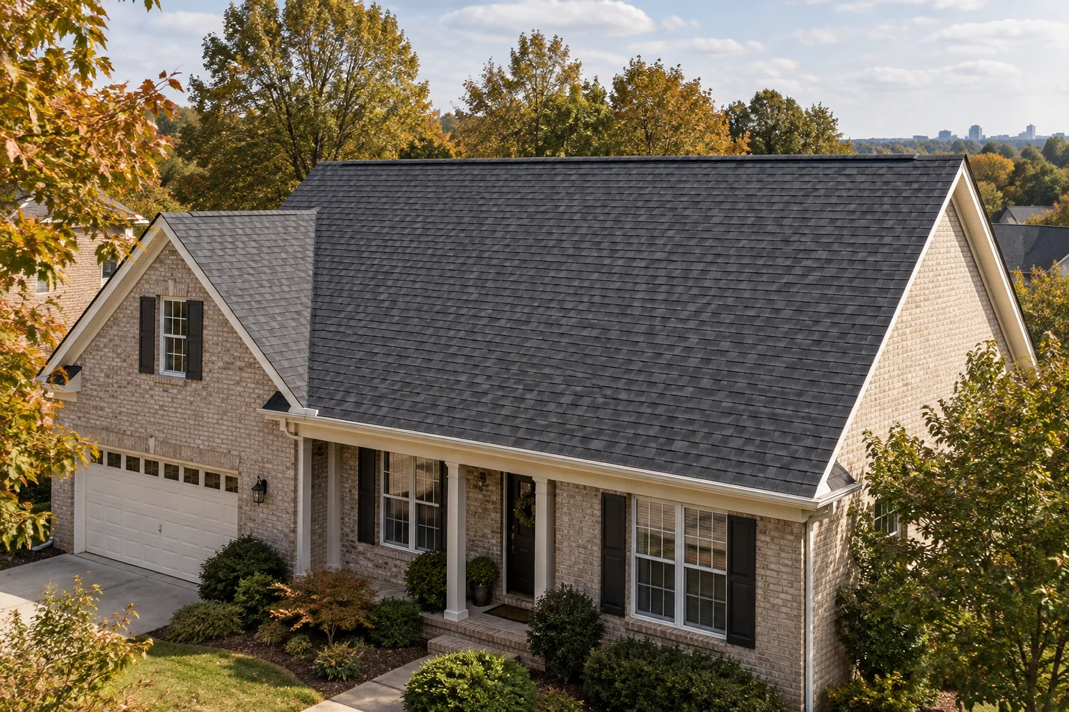 Illustrative pale-brick home with a charcoal shingle roof and leafy Nashville-style setting