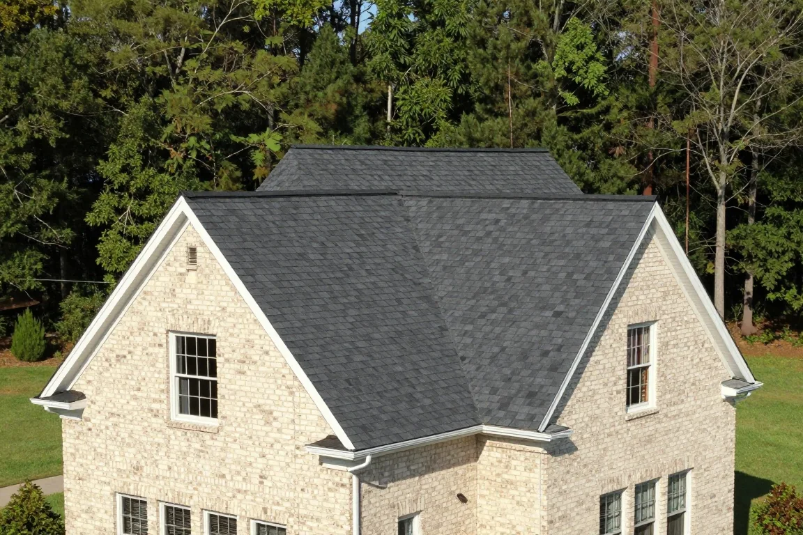 AI illustration of a complete charcoal shingle roof on a pale brick home